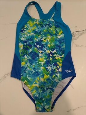Speedo Girls' Teal Blue Multi Geometric One-Piece Swimsuit